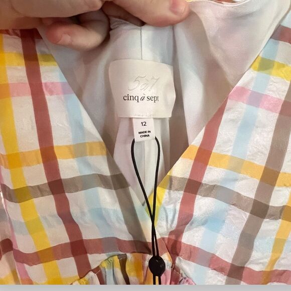 Cinq a Sept Astor Plaid Poplin Midi Dress Size 12 V-Neck Ruffle NWT $465 - Picture 7 of 15